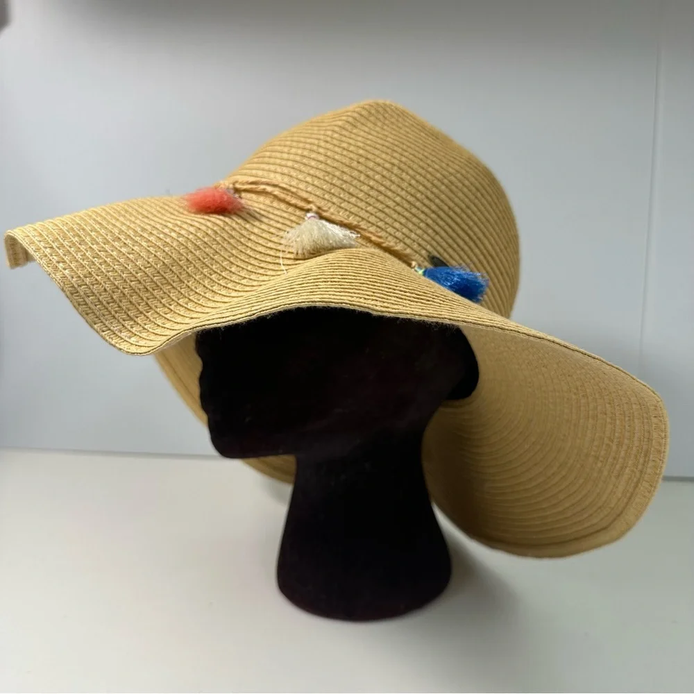 C.C Exclusives Stylish Tan Wide-Brim Hat colorful Tassel Accents Beach Vacation